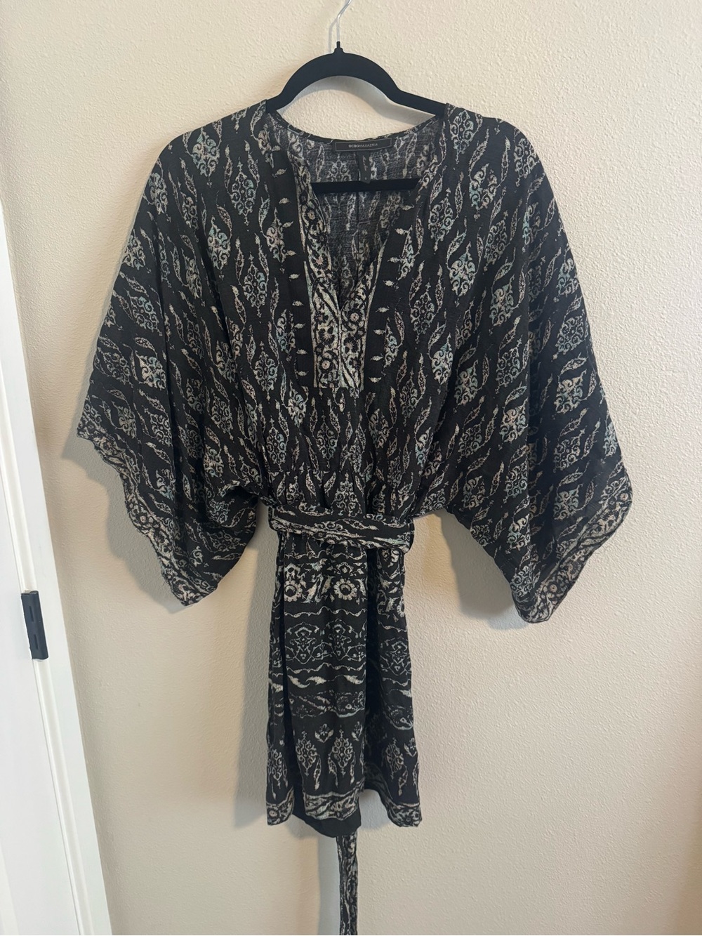 BCBGMaxAzria Black and Cream Printed Tie-Waist Mini Dress - Boho - Size S
